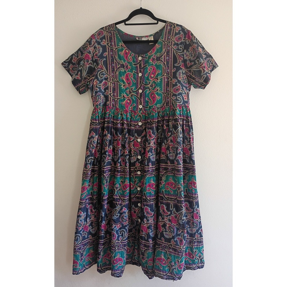 La Cera Vintage Paisley Floral Cotton‎ Button Front Midi Dress Multicolor Large